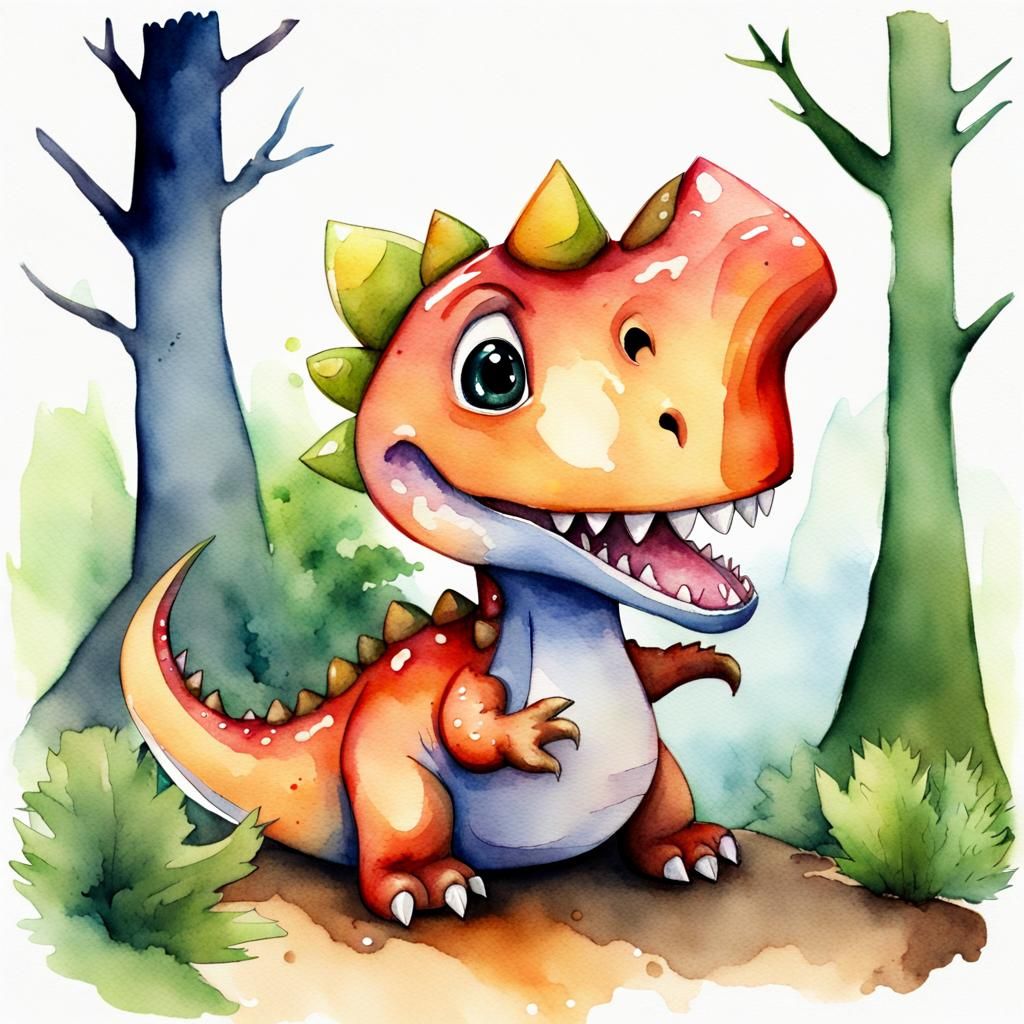 Chibi Dinosaur in Watercolor Forest