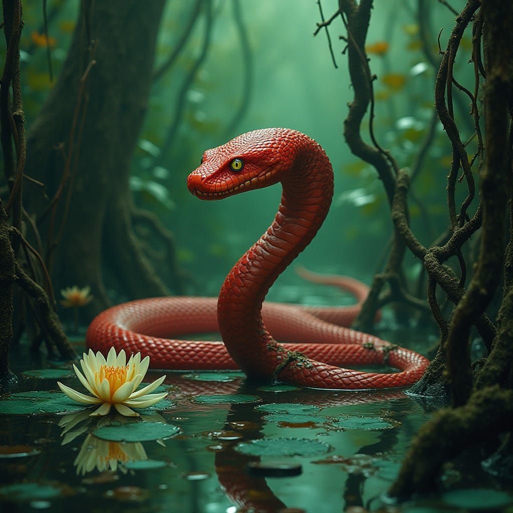 Crimson Watersnake Emerges from Emerald Swamp