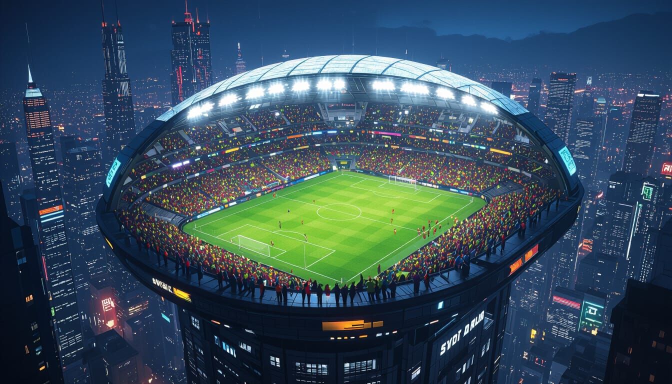 Futuristic Skyscraper Football Stadium at Night