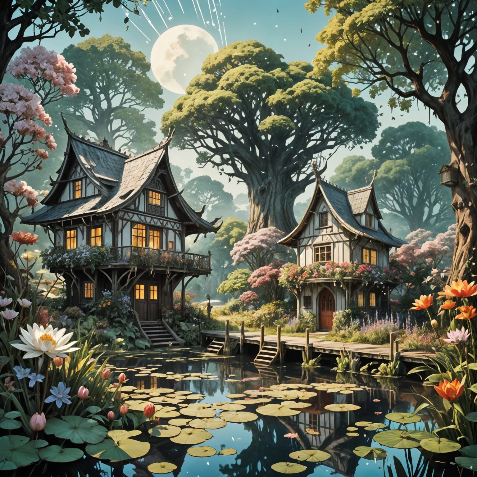 Enchanted Boathouse on Lake at Sunset in Fantasycore Style