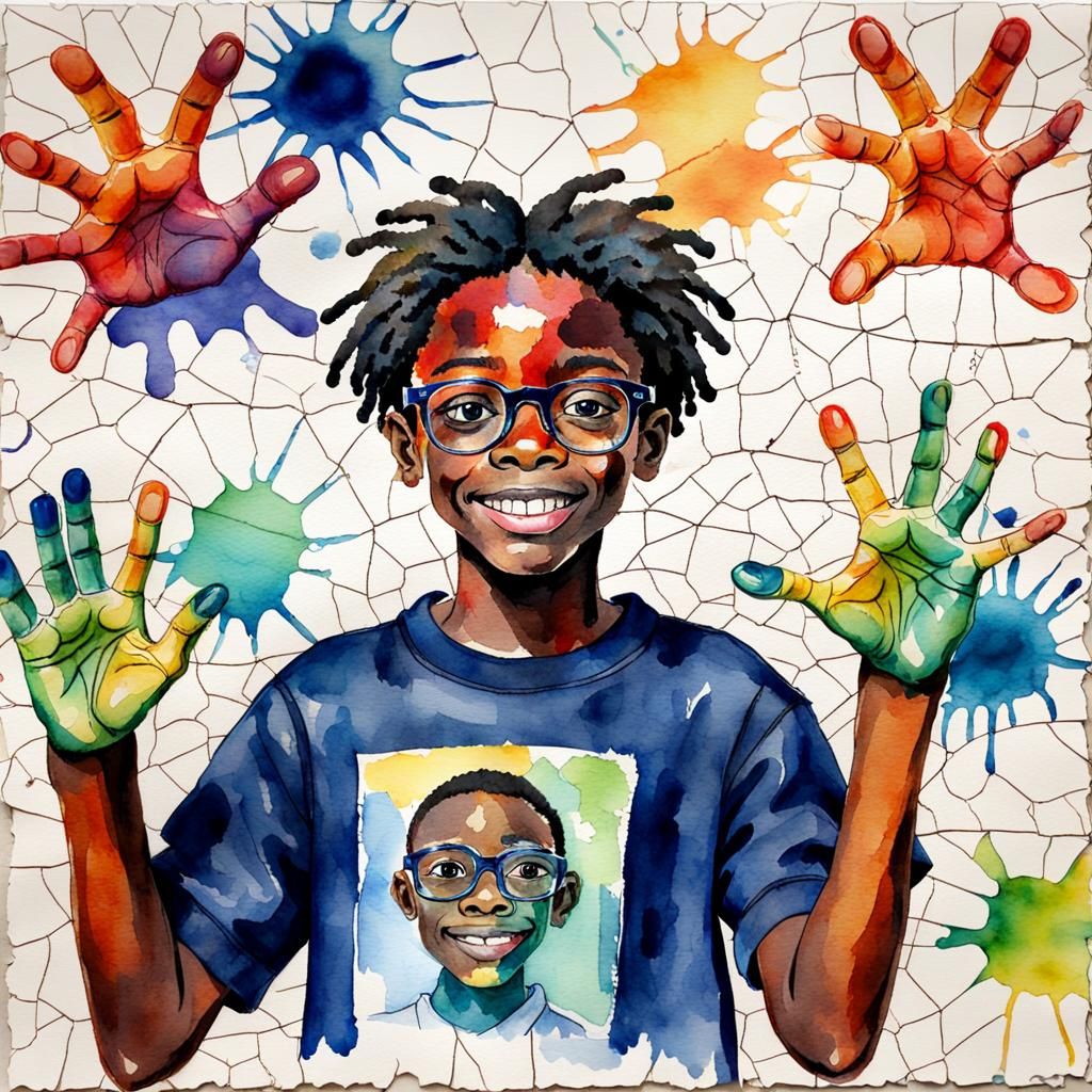 Bright Watercolor Portrait of Boy with Glasses