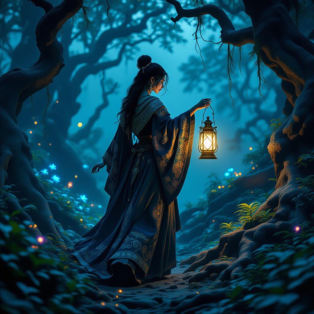 Bioluminescent Forest at Twilight: Dark Fantasy Art