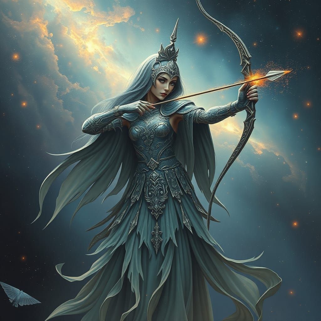 Ethereal Priestess with Star-Patterned Cloak in Galaxy