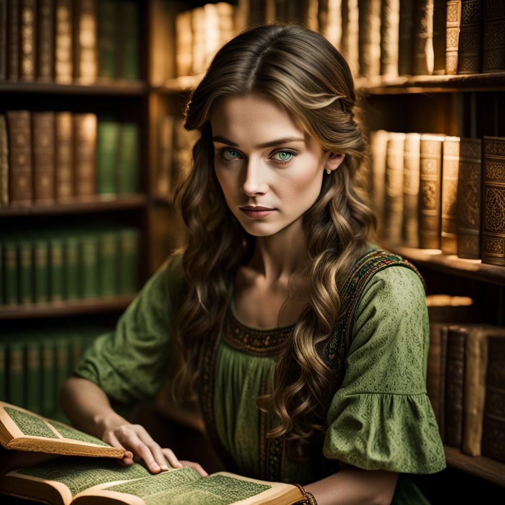 Realistic portrait of a woman with striking green eyes, browsing through ancient books in a dimly lit library. Soft ligh...