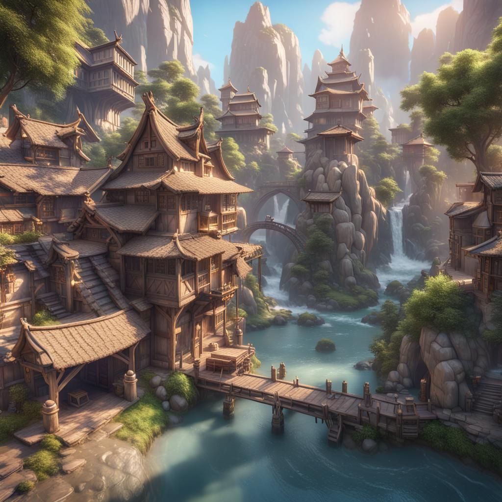 Picturesque Fantasy Village with Waterfalls in 3D Style