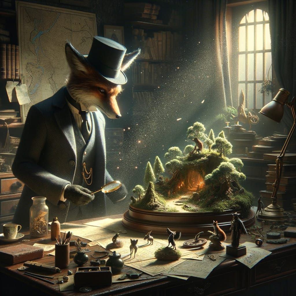 Victorian Fox Detective Examines Enchanted Forest Diorama