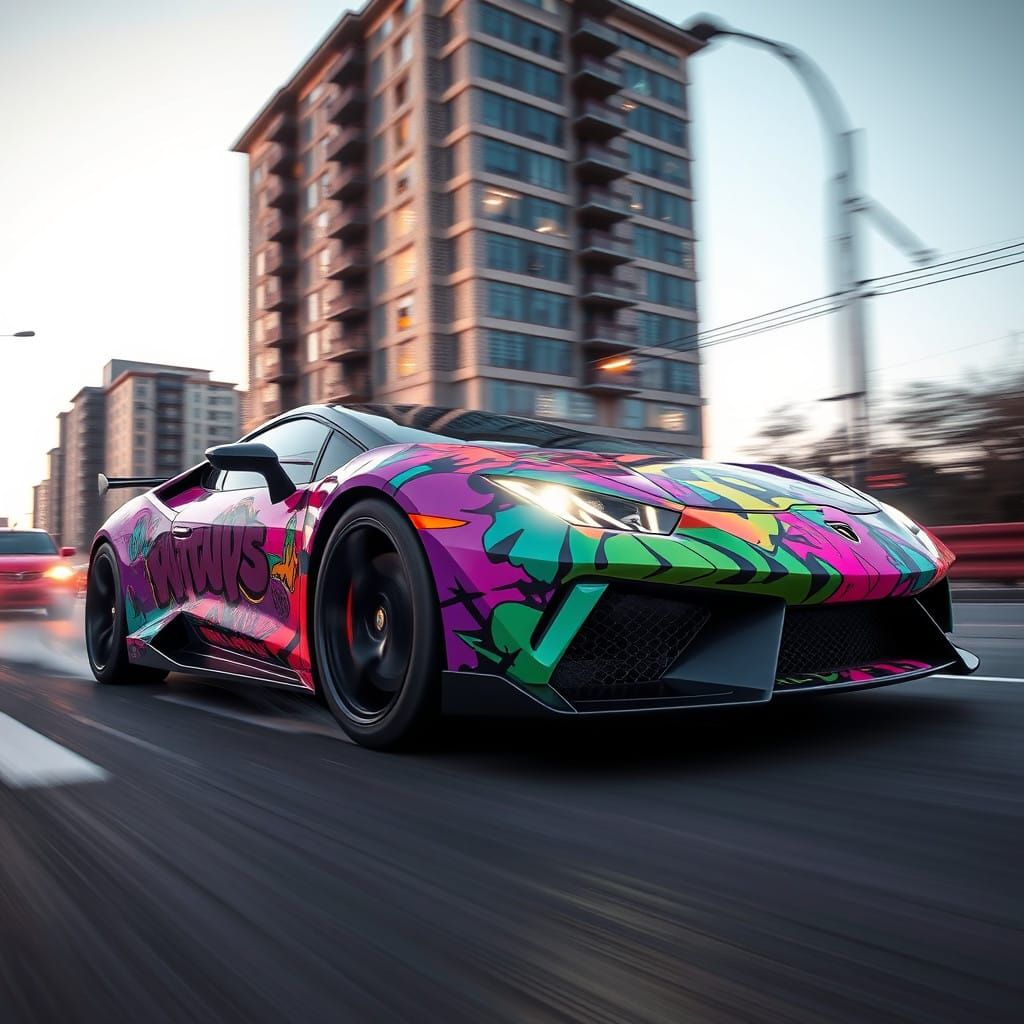 Neon Street Art Sports Car in High-Speed Action