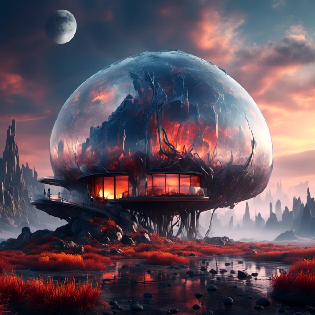 Futuristic Glass House on a Volcanic Moon