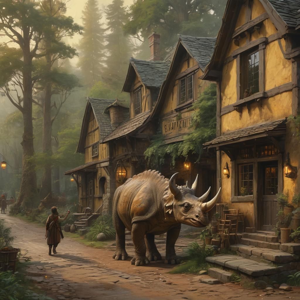 Dinotopian Triceratops at Tavern, Oil Painting