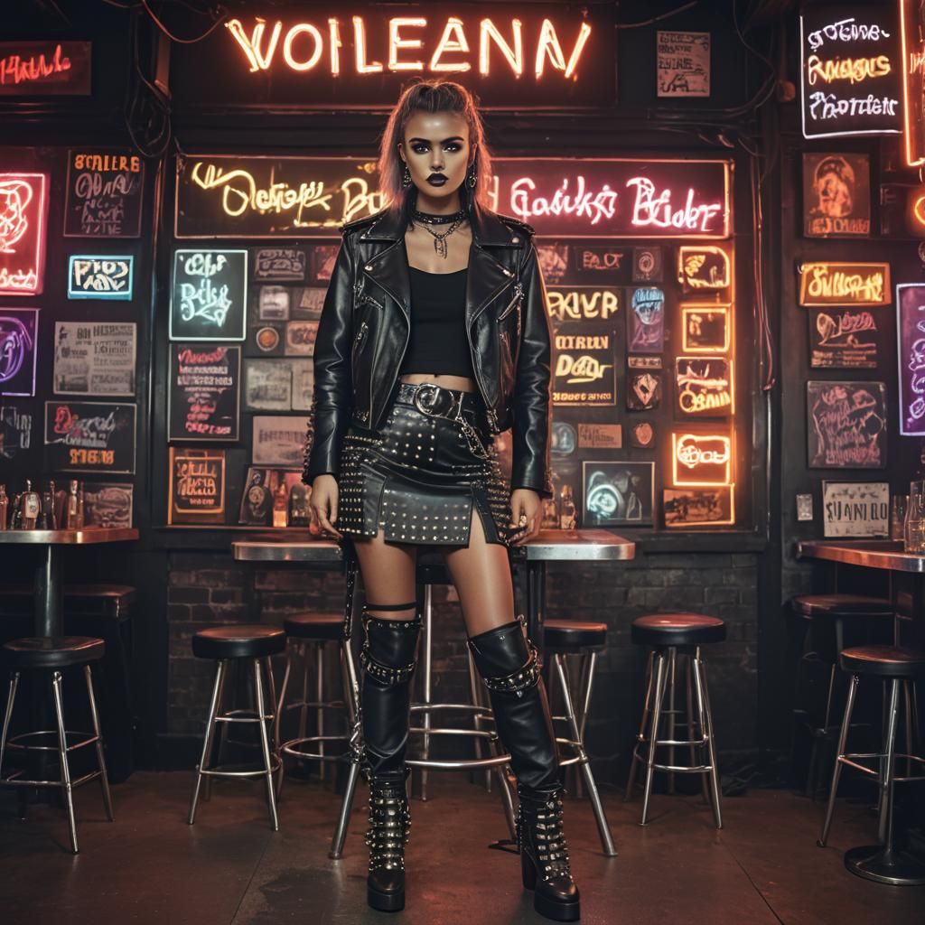Woman in Leather Outfit in Neon Lit Bar