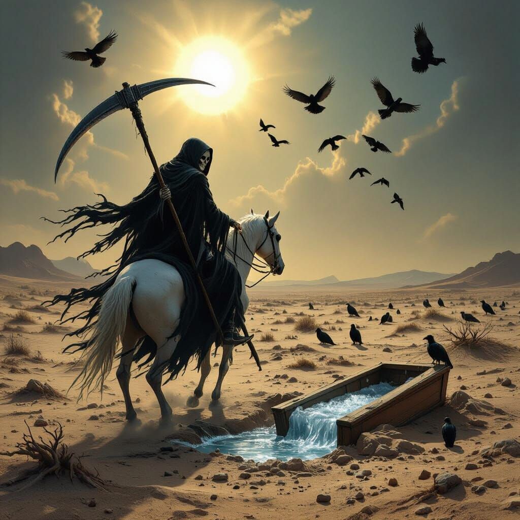 Grim Reaper Rides Pale Horse Through Desert to Icy Grave