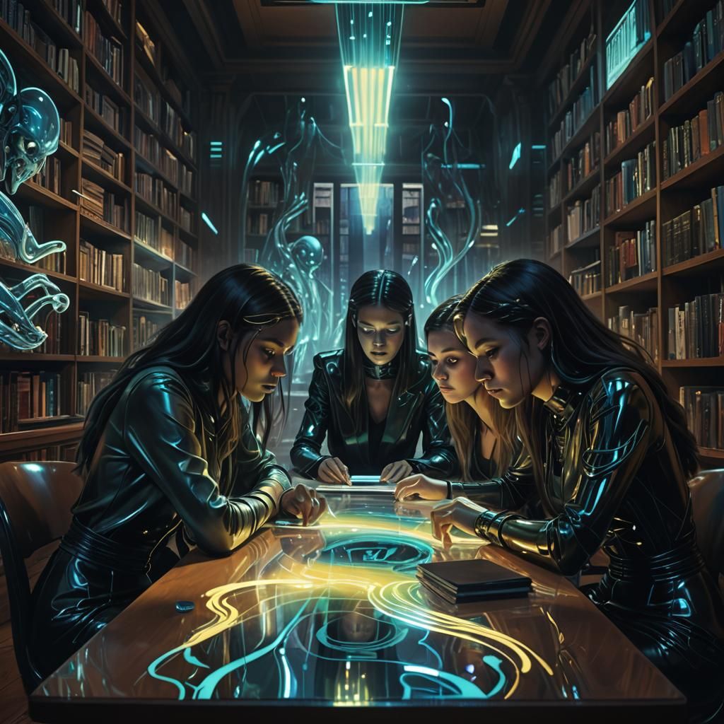 College Women Weeping in Library: Surreal Digital Art