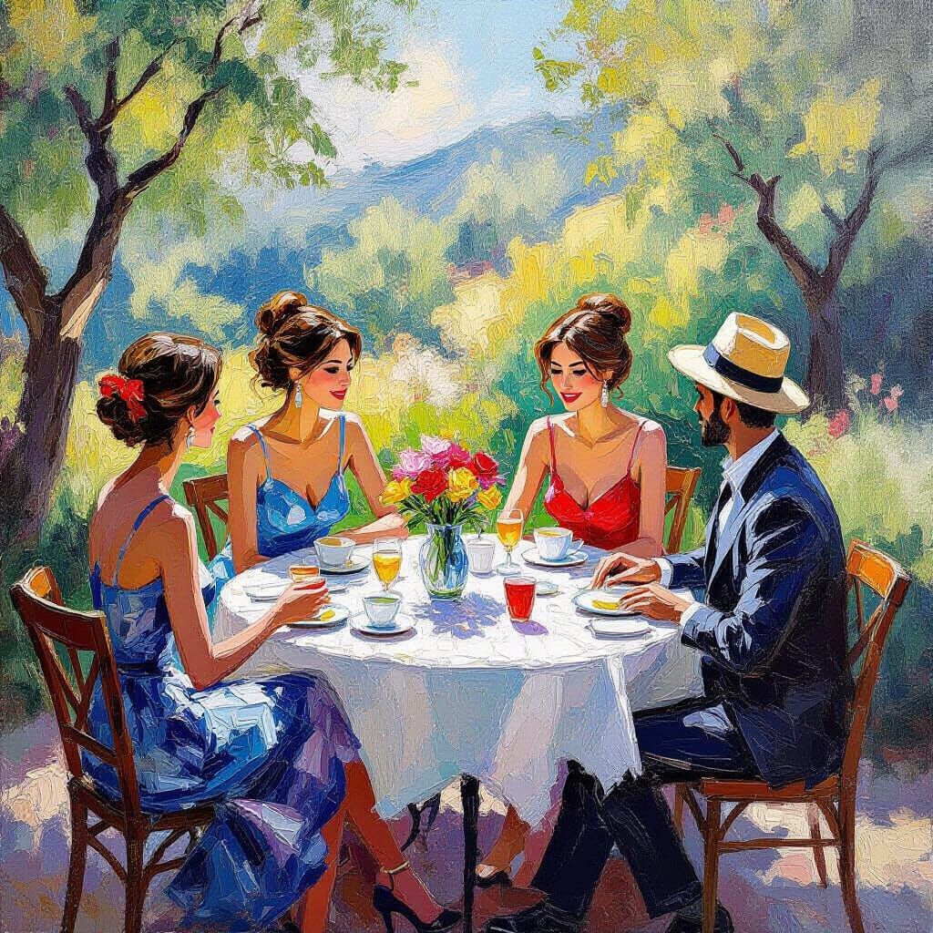 Impressionistic Garden Tea Party in Textured Oil Paint