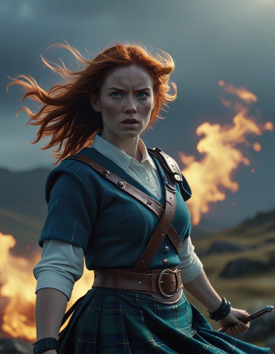 Heroic Scottish Warrior Woman in Filmic Romance Style