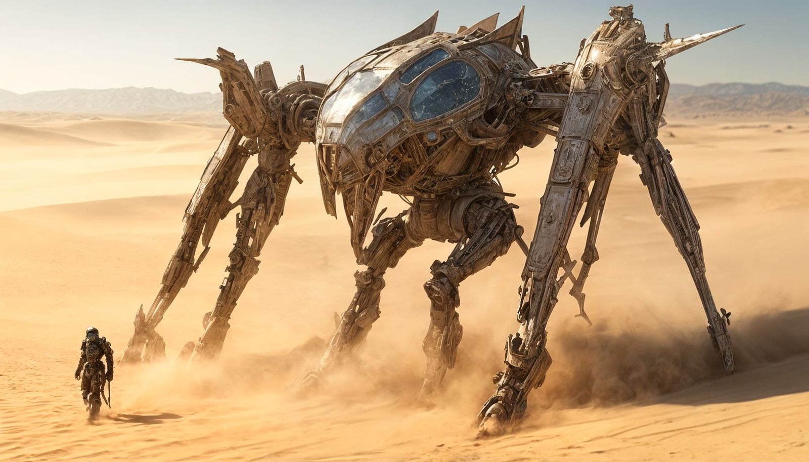 Dystopian Mech Protects Newborn in Desert Landscape