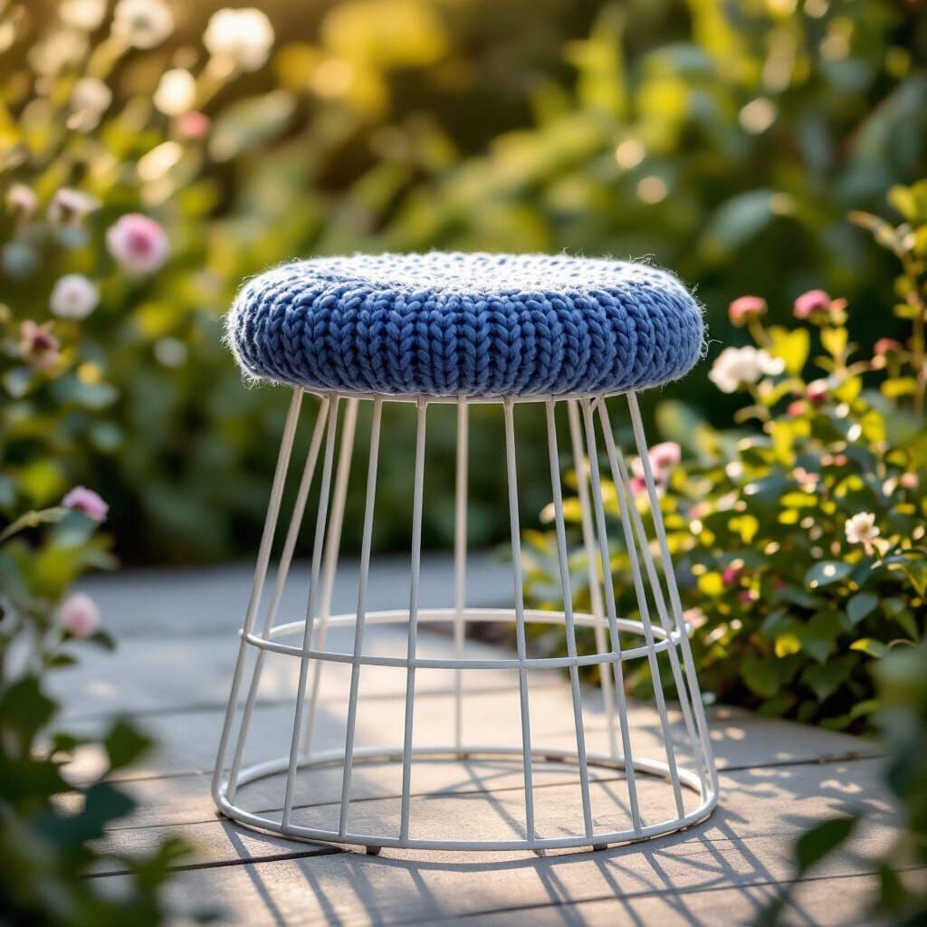 Minimalist Wire Stool with Pastel Knitting in Garden