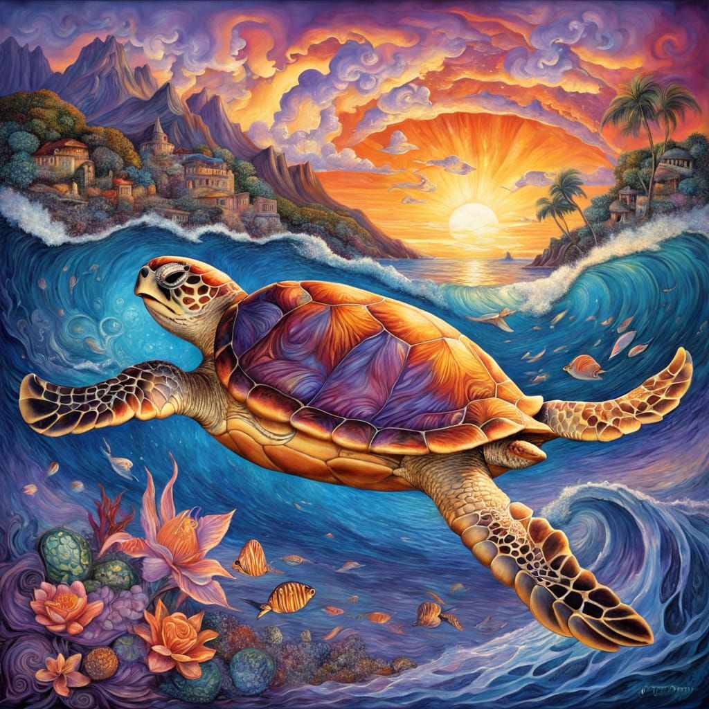 Majestic Honu Sea Turtle at Sunset in Polynesian Style
