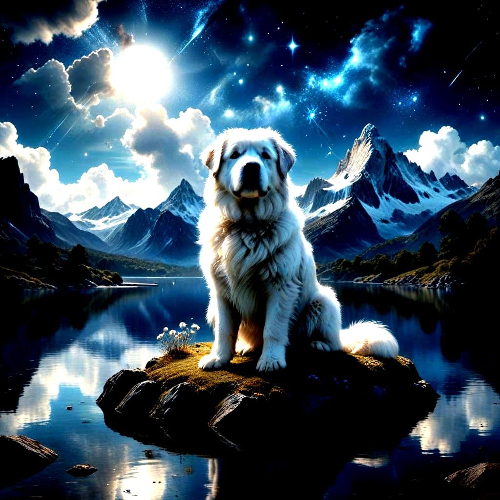 Pyrenean Mountain Dog on Floating Island Under Starry Sky
