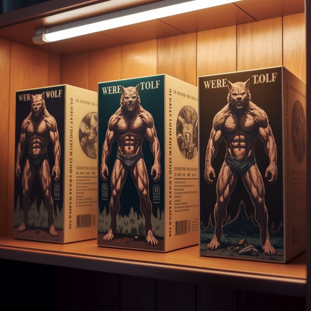 Vintage Werewolf Action Figures in Warmly Lit Toy Store