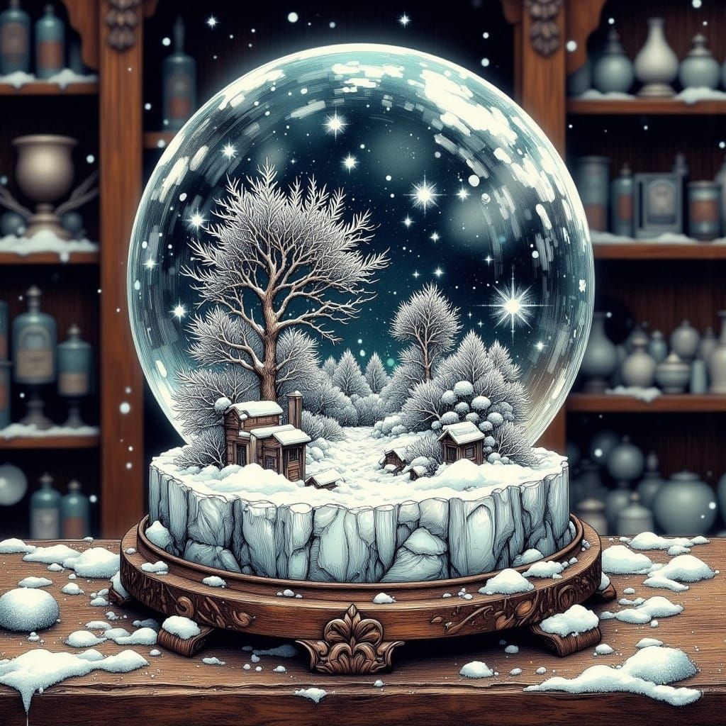 Snow Globe of Shifting Realities: Moody Ink Art