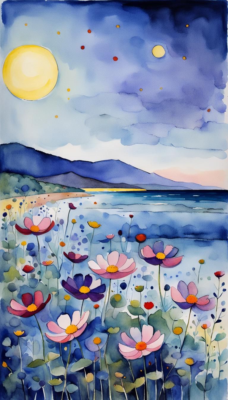 Cosmos Flowers on Beach in Watercolor Style