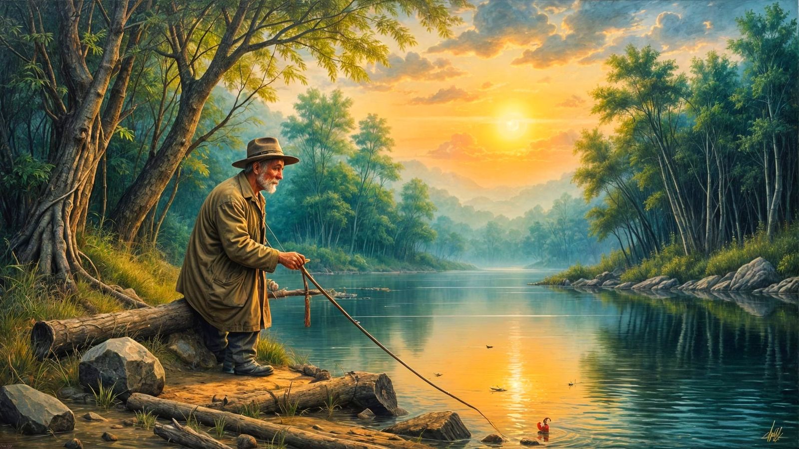 Old Man Fishing On the Riverbank
