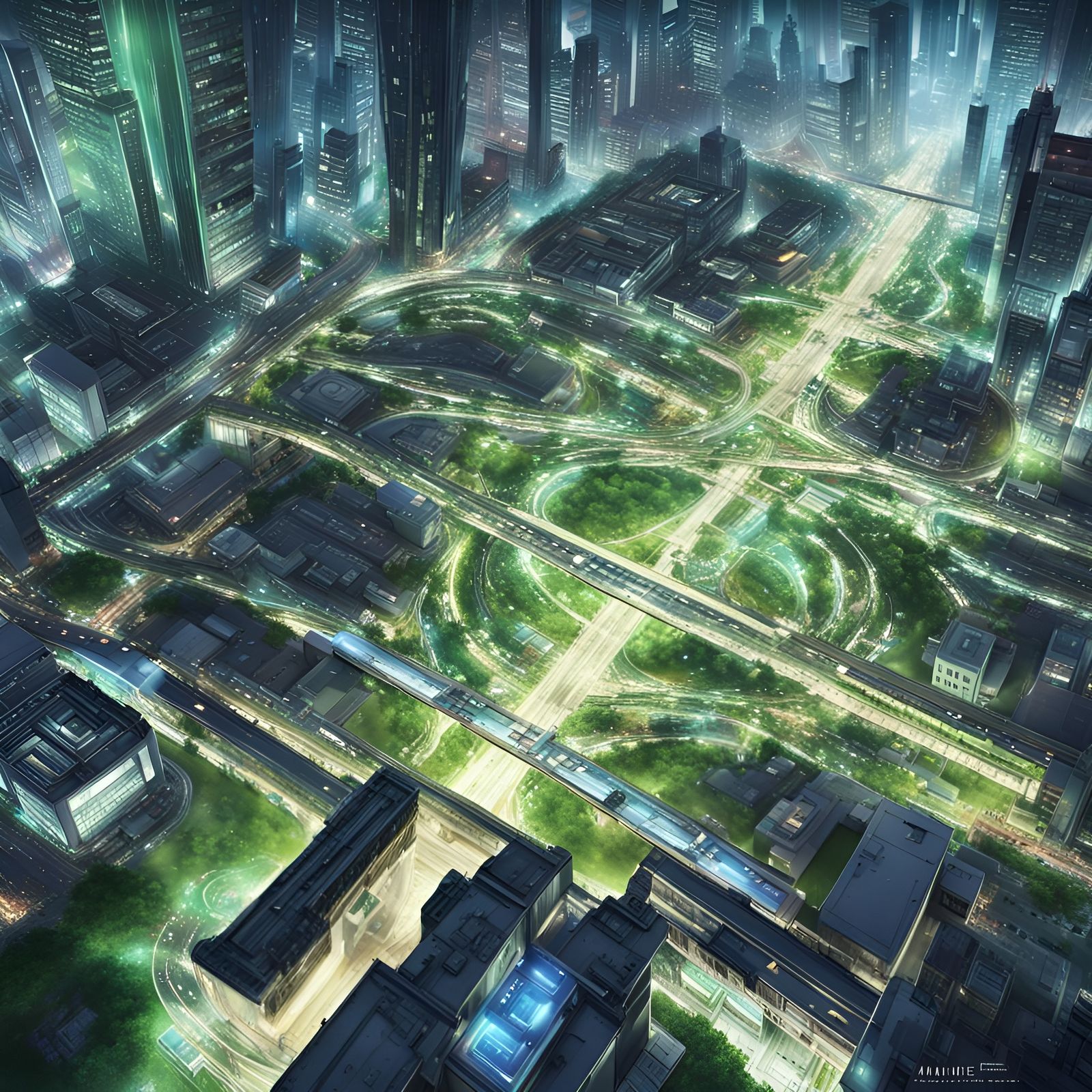 Aereal sight. Federated Planets. Aquilia Prime. Smart city in clear cyberpunk avenues. Colorful car traffic. Fifth of gr...