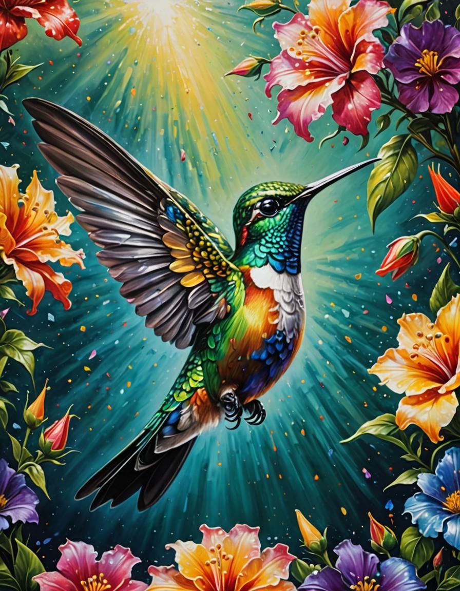 Hyperrealistic Hummingbird with Flowers in Shimmering Light