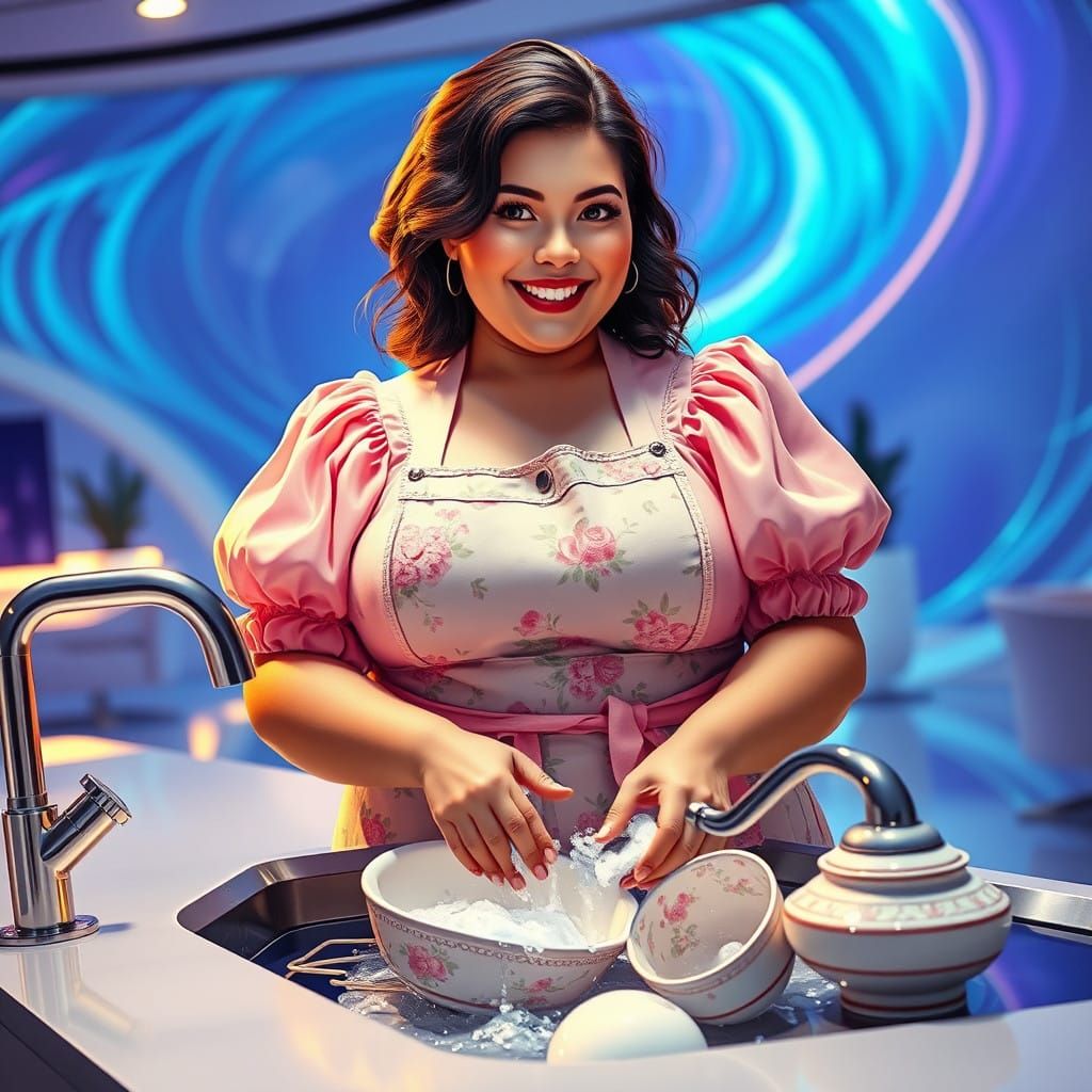 Radiant Tradwife in Futuristic Kitchen