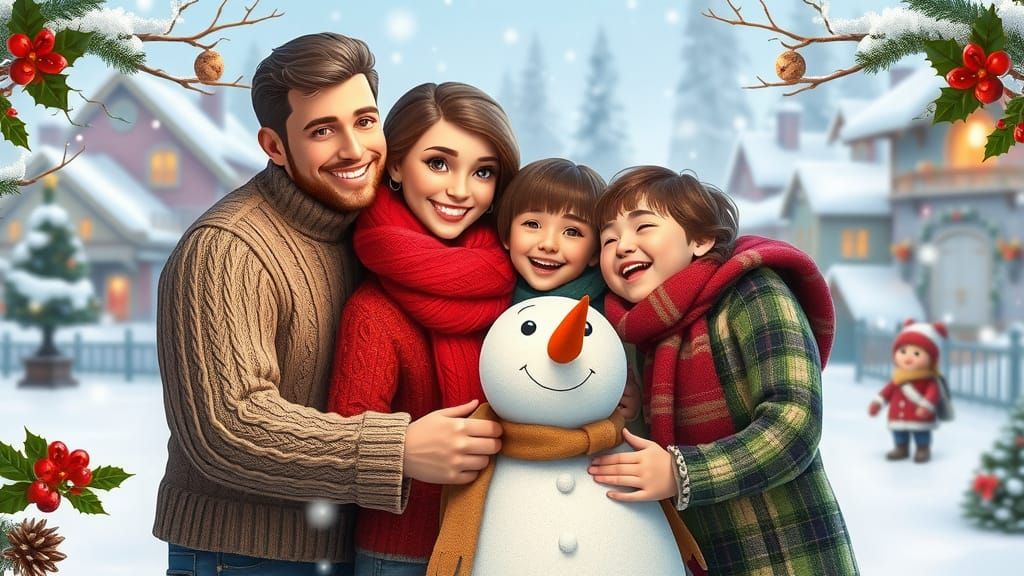 Festive Family Embracing Winter Joy in 3D
