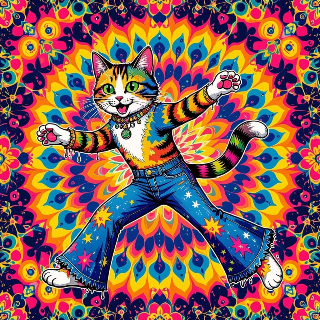 Psychedelic Rainbow Cat in 70s Art Style