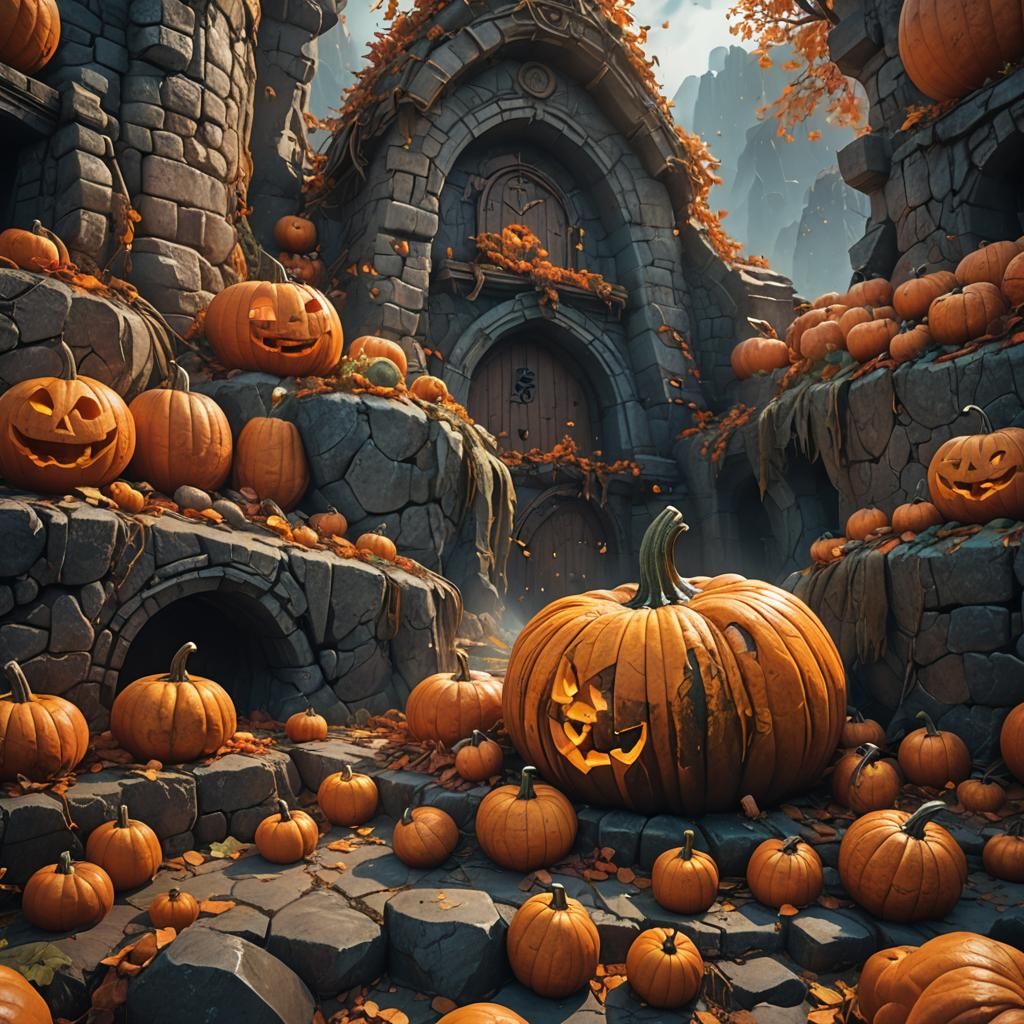 Fantasy Pumpkin Smashes Through Stone Wall