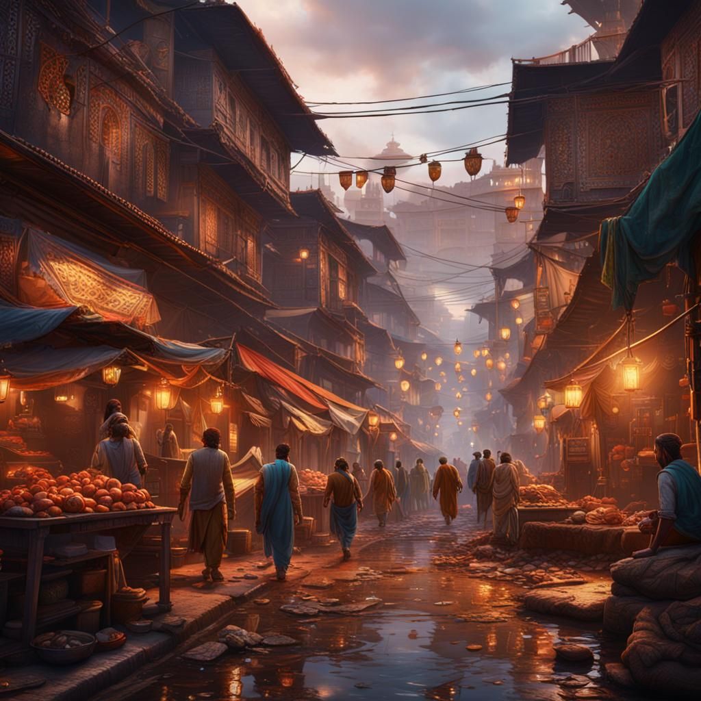 Bustling Indian Street: Detailed Matte Painting