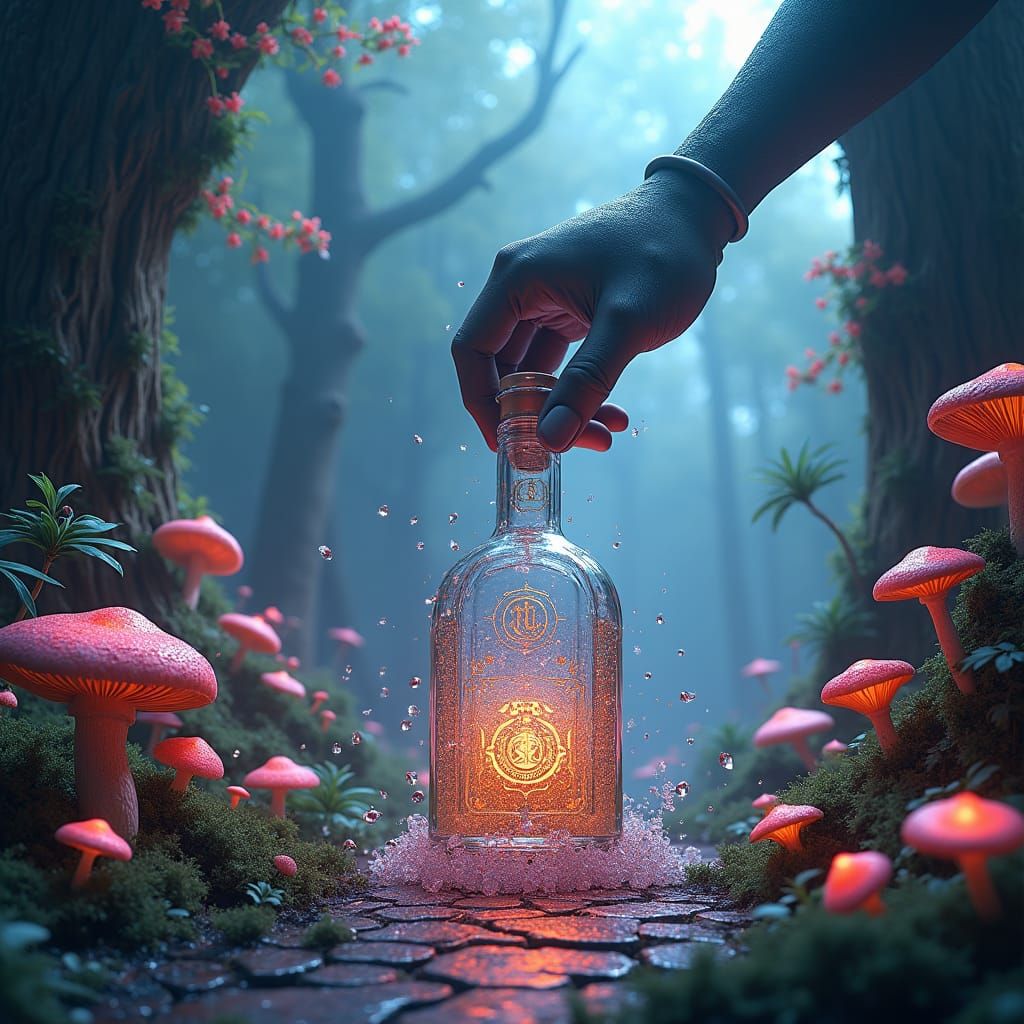 Surreal Distillery Shattering Bottle in Mystical Forest