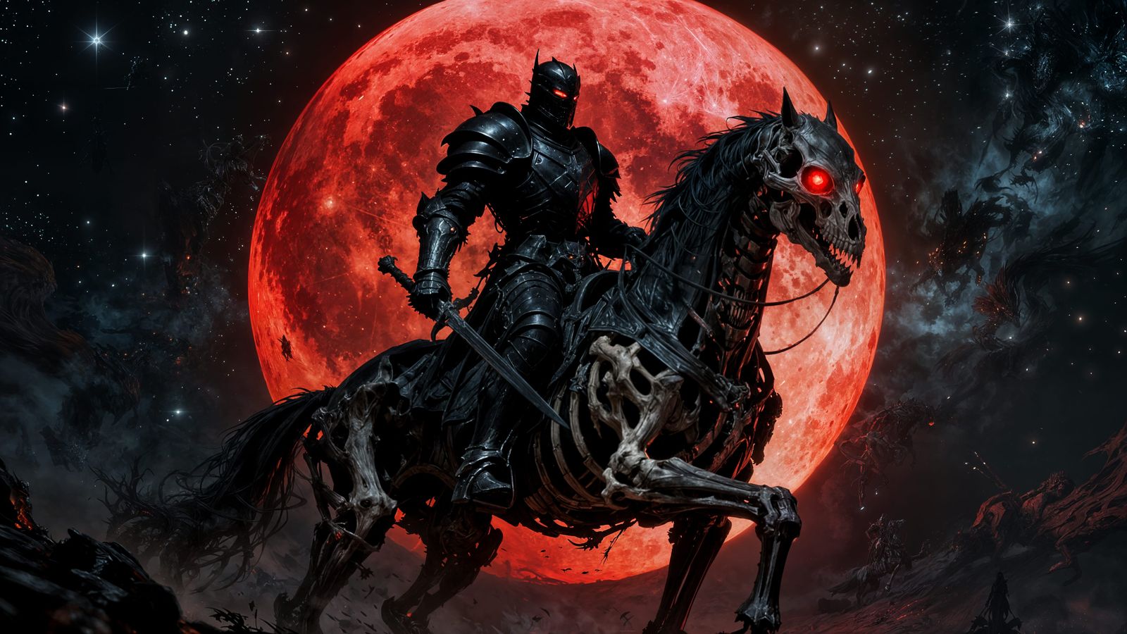 Black Knight on Skeleton Horse Under Blood Moon