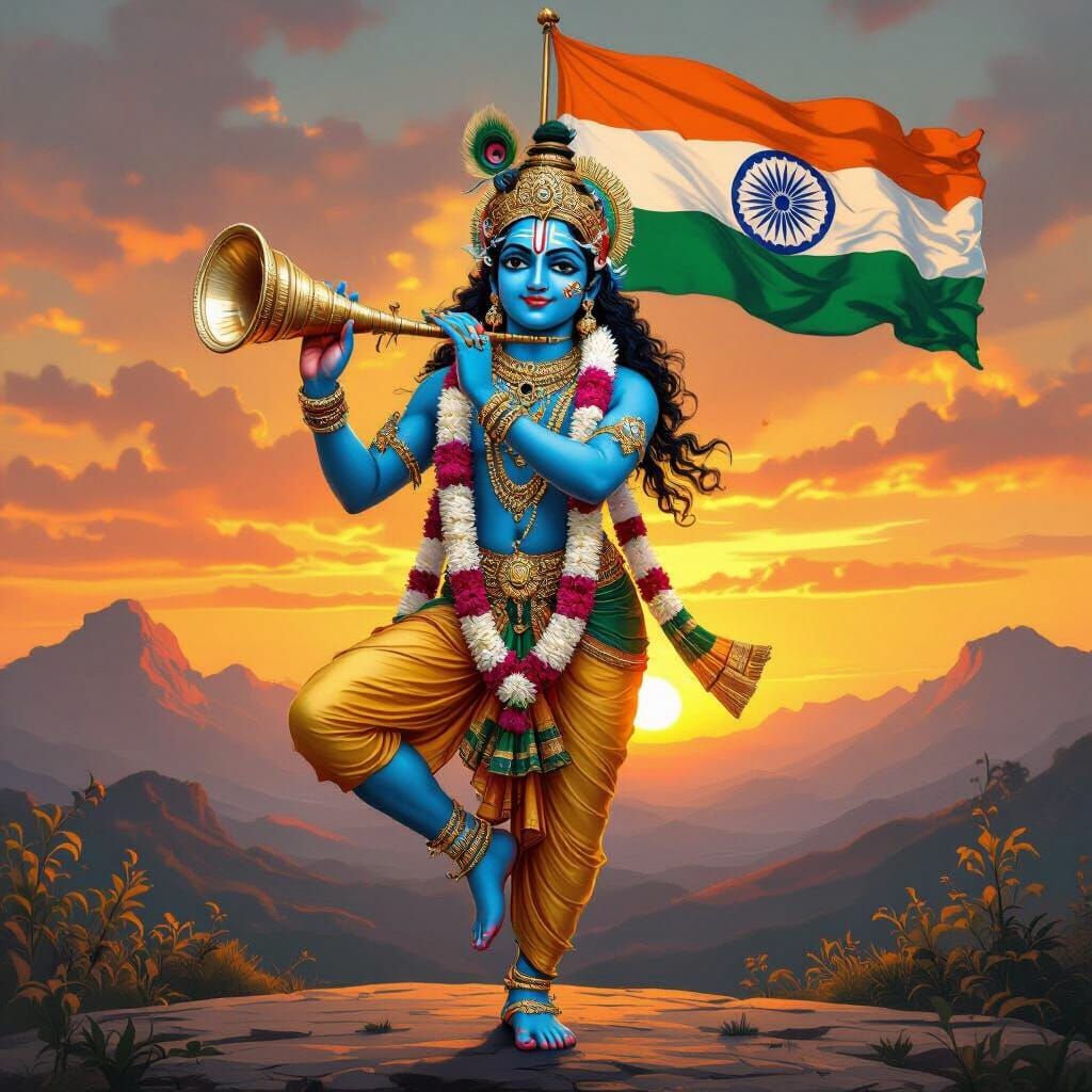 Indian Deity Playing Conch Shell at Sunset, Surrealist Style