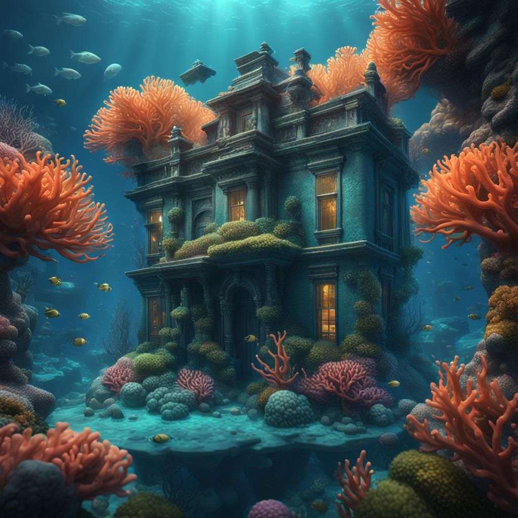 Underwater House Amidst Coral Reefs: Detailed Matte Painting
