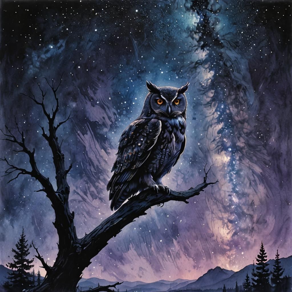 Owl Perched Under Milky Way in Matte Watercolor