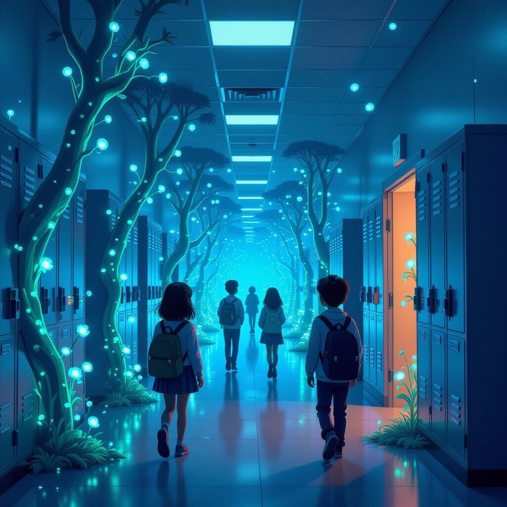 Bioluminescent Alien Forest in School Hallway