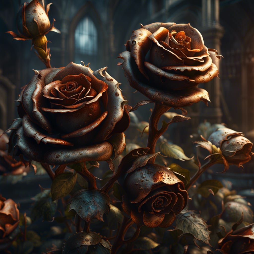 Fantastical Rusty Metal Roses in Detailed Matte Painting