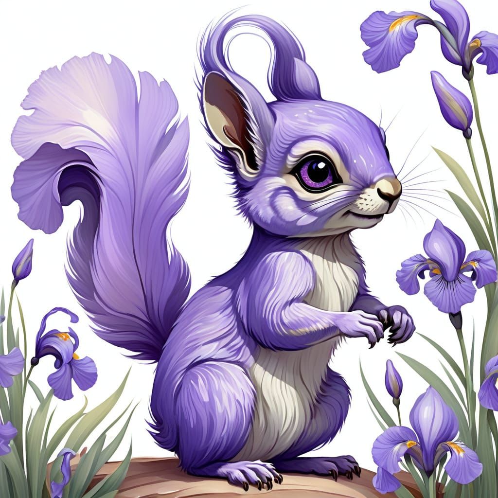 “A fantasy squirrel hybrid with iris flowers. Its fur is lav...