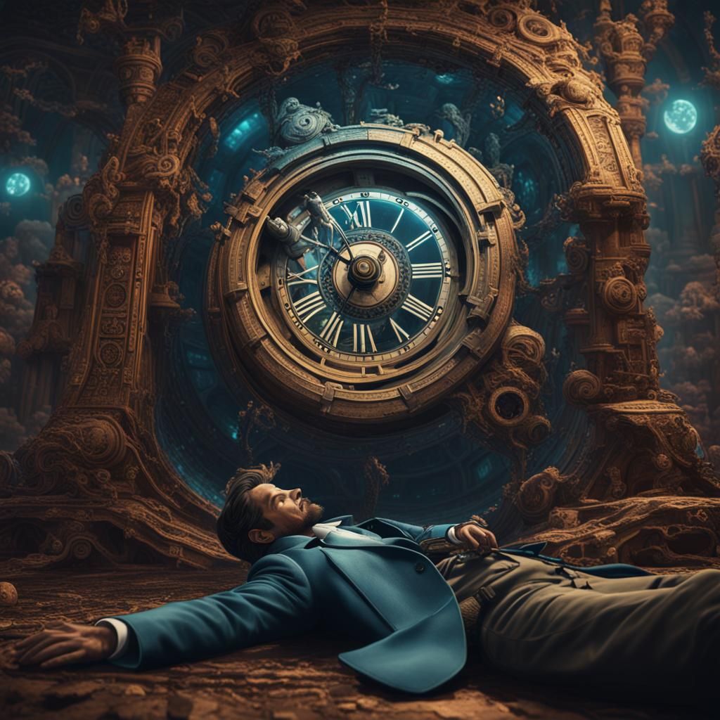 Man on Time Machine with Ghost in Detailed Painting