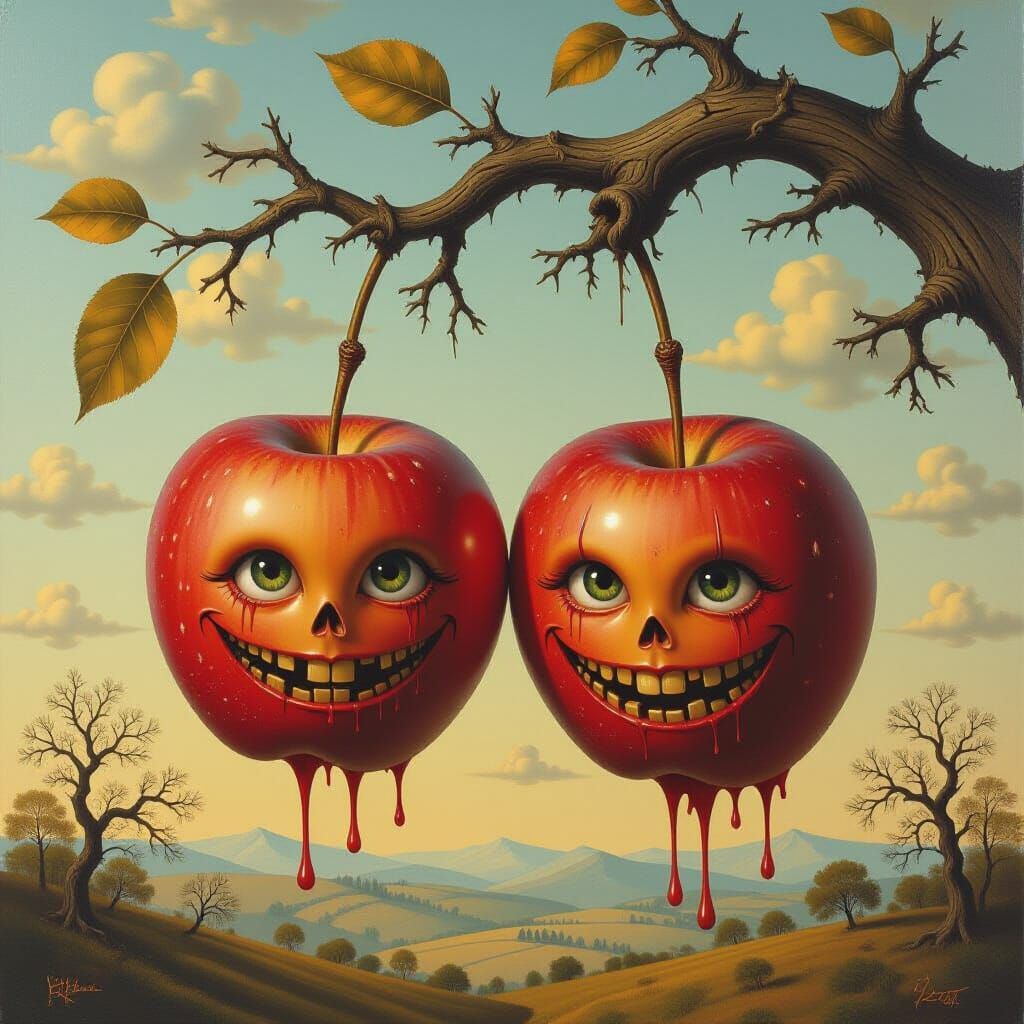 Haunting Apples with Eyes in Surrealist Macabre Fantasy Styl...