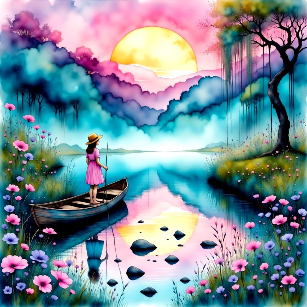 Surrealist Aquatic Scene in Pink and Golden Hues