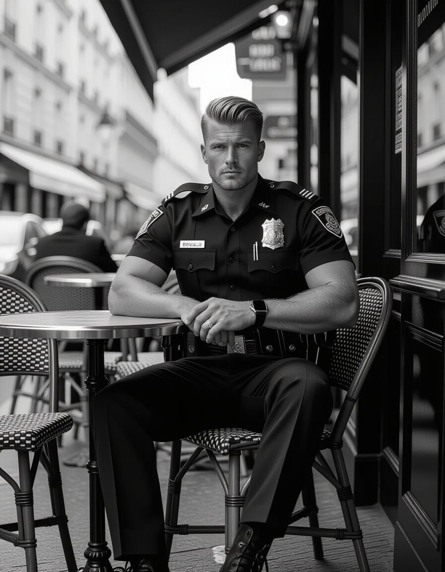 Muscular Blond Policeman Relaxing in Parisian Cafe