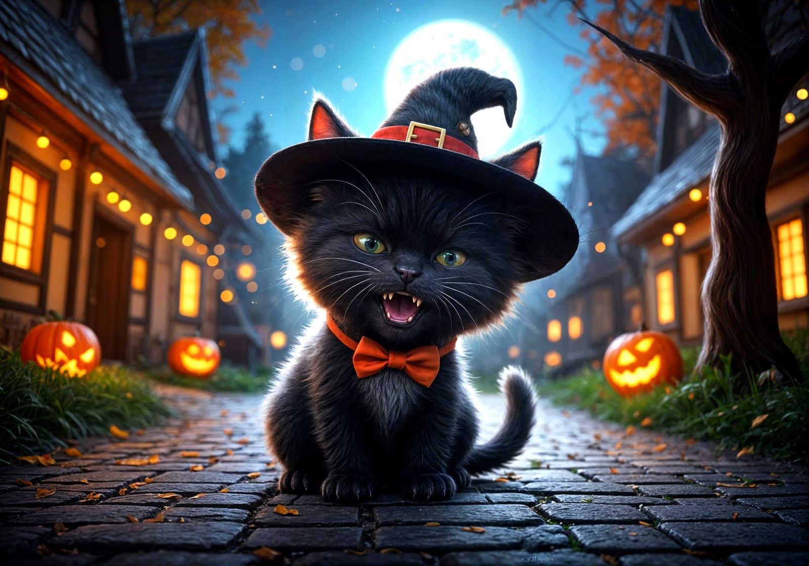 Cute Halloween Kitten in Cartoon 3D Rendering