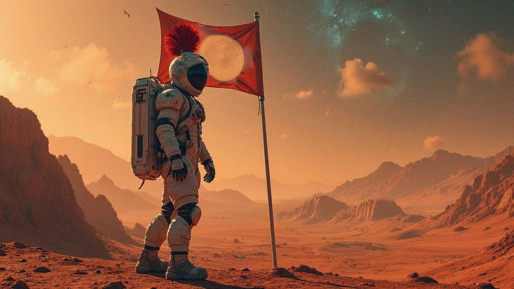 First Martian Colonist in Futuristic Spacesuit