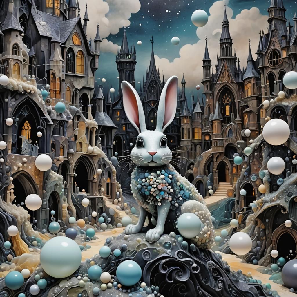 Gothic Rabbit in Iridescent Bubble Landscape
