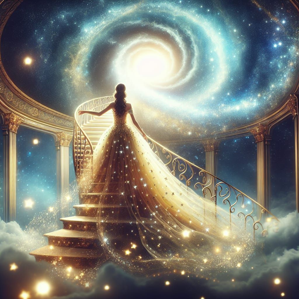 Woman Ascends Starry Staircase to Magical Stargate