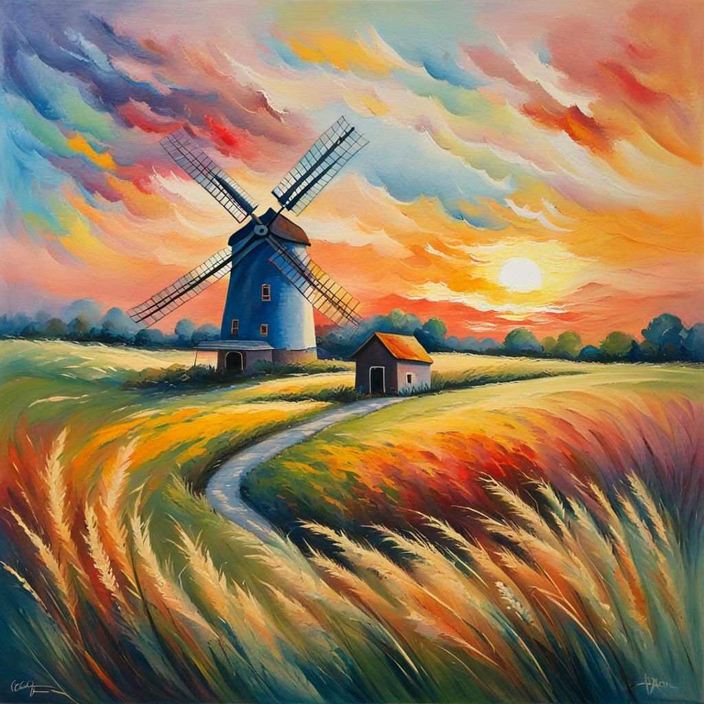 Old Windmill at Sunrise in Expressionist Style